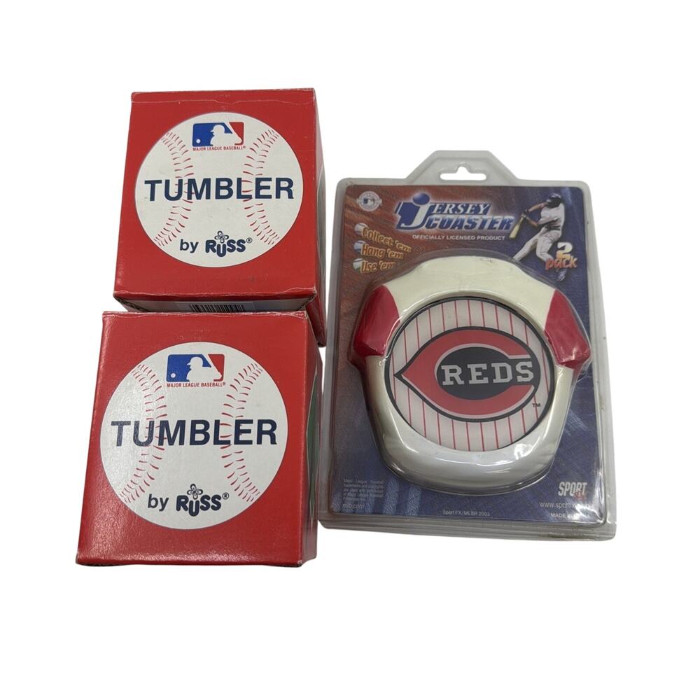 Cincinnati Reds Russ Plastic Tumblers & Jersey Coasters Lot of 2 Each NIB